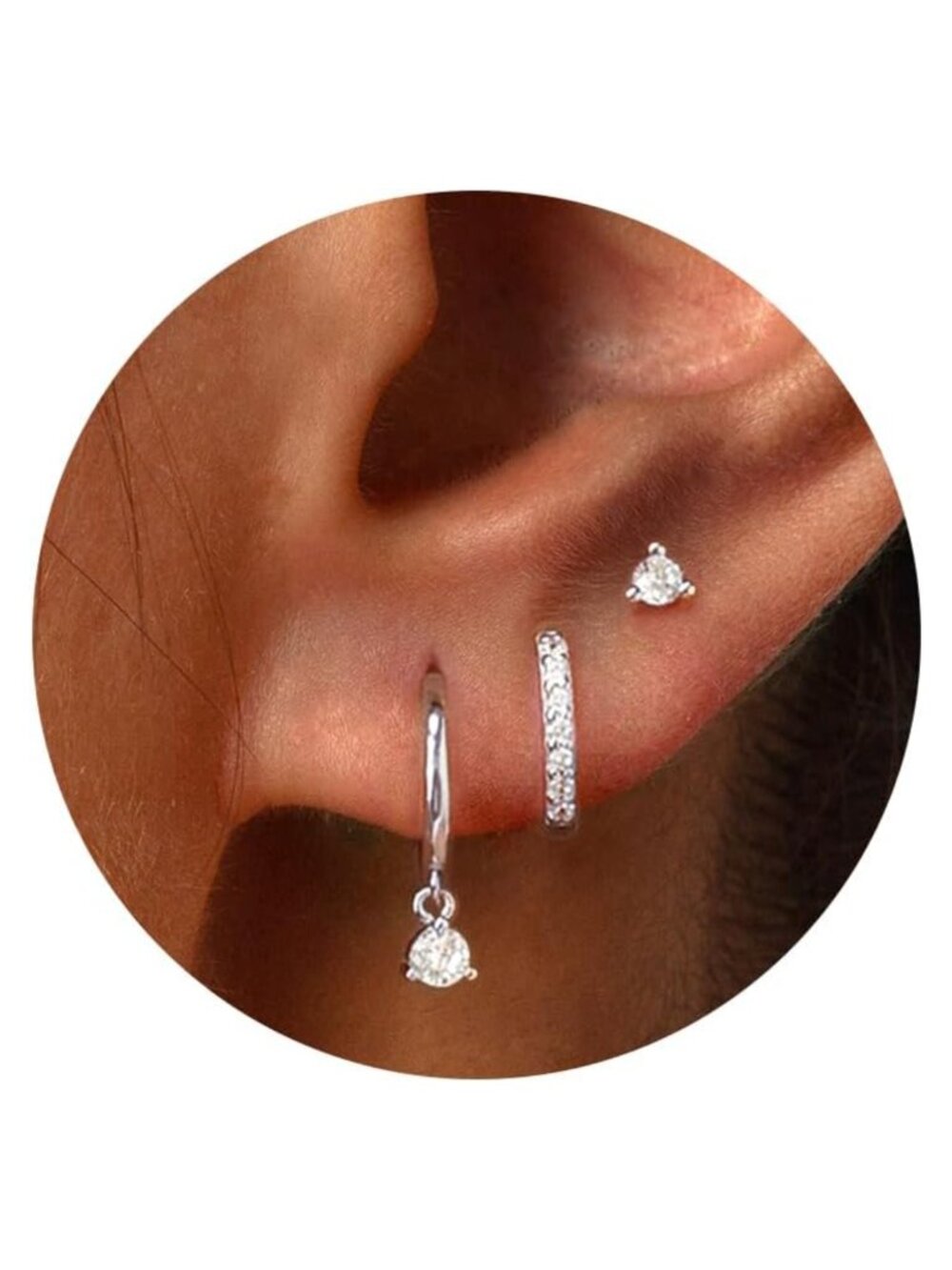 3 Pairs 925 Sterling Silver Hoop Earrings Set Dainty CZ Stud Huggie Stackable